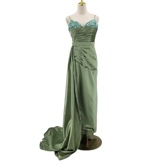 FORMAL PARTY SZ 2 XS Green Sage Sequin Sweetheart Neck Maxi Dress NEW B63 - Picture 1 of 8